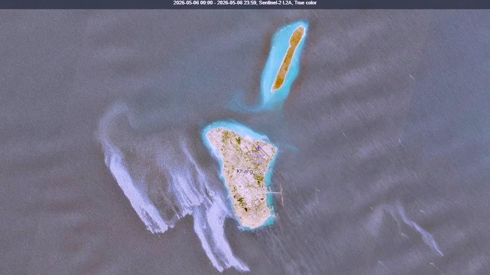 Auf einer Satellitenaufnahme ist nahe der iranischen Insel Charg ein neuer Ölteppich zu sehen. (6. Mai 2026)