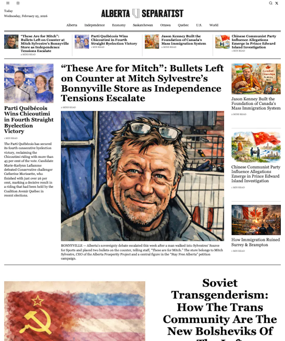 Die Website albertaseparatist.com am 26. Februar 2026: Mitch Sylvestre ist der Anführer der Separatistenbewegung in der Provinz.