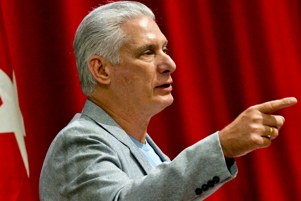 epa12837809 Cuban President Miguel Diaz-Canel delivers a welcome address to politicians and activists of the Our America Convoy at the Convention Palace in Havana, Cuba, 20 March 2026. Diaz-Canel denounced what he described as 'brutal' pressure from Washington on Latin America to isolate Cuba, which he said has led several nations to sever diplomatic relations and withdraw medical missions from the island. EPA/ADALBERTO ROQUE/ POOL