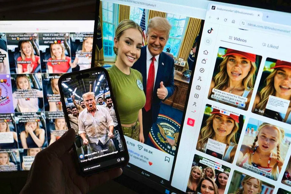 This photo illustration created on May 7, 2026 shows AI-generated images posted on the social media accounts of pro-Trump AI influencers.