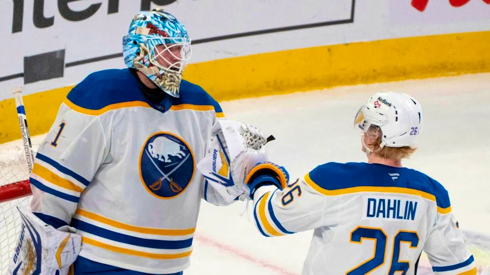 Goalie Ukko-Pekka Luukkonen (left) makes 28 saves for Buffalo