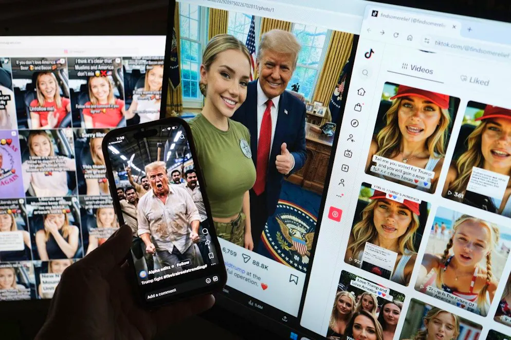 Diese am 7. Mai 2026 erstellte Fotoillustration zeigt KI-generierte Bilder, die auf den Social-Media-Konten pro-Trump-orientierter KI-Influencer gepostet wurden.
