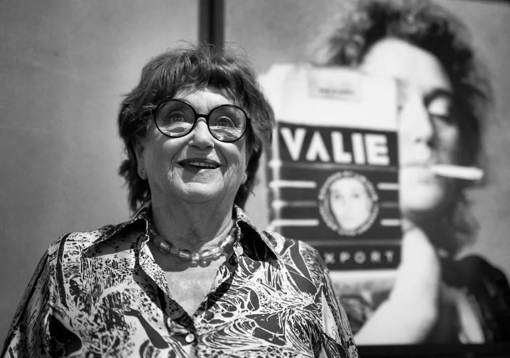 Valie Export, 83-year-old Austrian avant-garde artist poses for a photo at the opening of her exhibition 'VALIE EXPORT Retrospective' at the Albertina art gallery  in Vienna, Austria on June 22, 2023. Best known for her provocative public performances and expanded cinema work, Valie Export's artistic work also includes video installations, computer animations, photography, sculpture and publications covering contemporary art. (Photo by JOE KLAMAR / AFP)