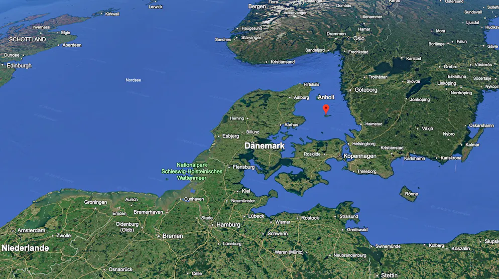 , Markiert: die Insel Anholt. Timmy war am 2. Mai weiter nordwestlich im Skagerrak freigelassen worden.