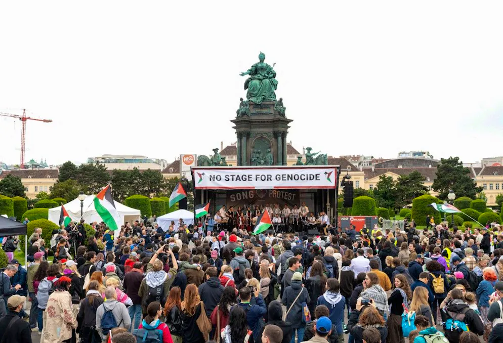 Des militants propalestiniens ont organisé un concert alternatif dans le centre de Vienne, pour protester contre la participation d’Israël à la compétition. 