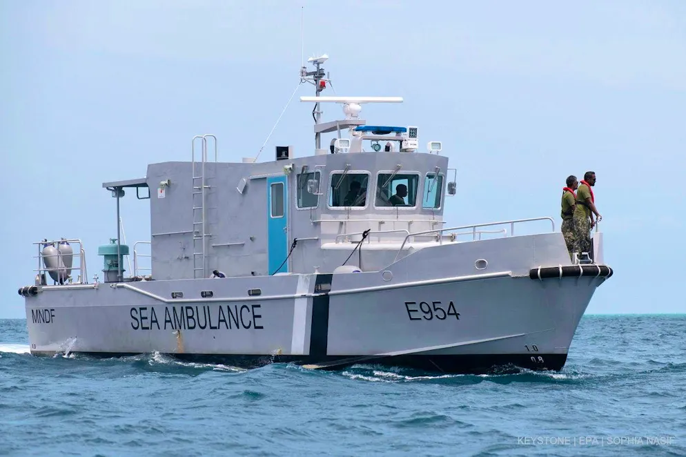 Members of the Maldives National Defense Force (MNDF) Sea Rescue during the search and rescue operation in Vaavu Atoll, Maldives, on May 16, 2026.