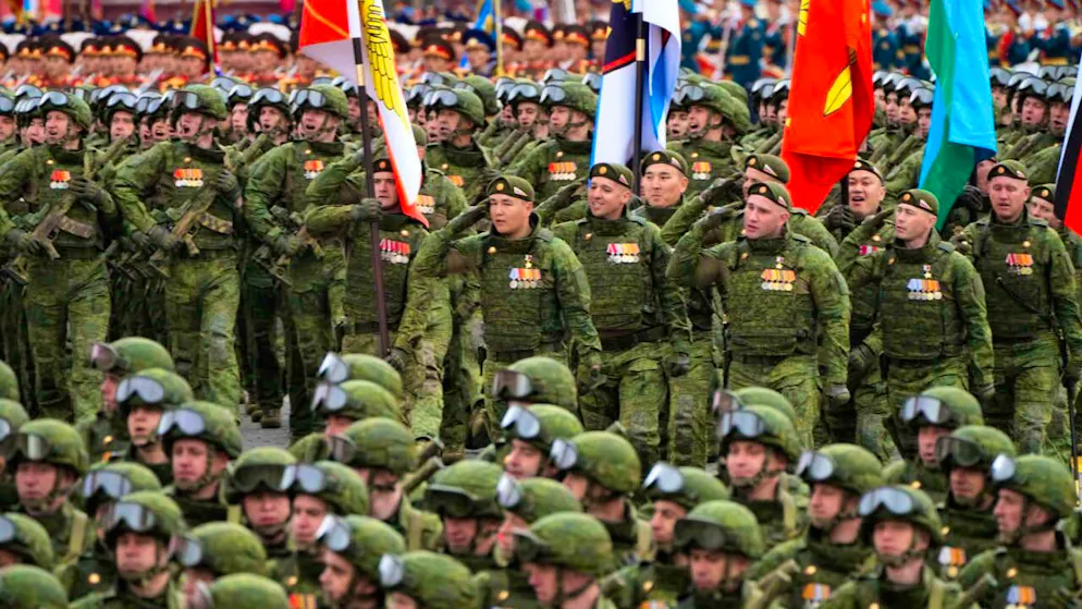 Russian soldiers at the Victory Day military parade in Moscow on May 9. Photo: Alexander Zemlianichenko/Pool AP/AP/dpa/Archive image