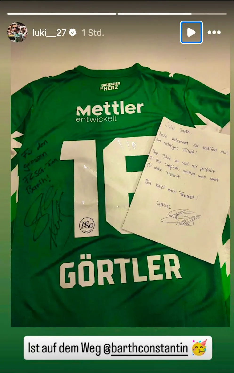 FCSG captain Lukas Görtler has a gift for Sion sporting director Barthélémy Constantin.
