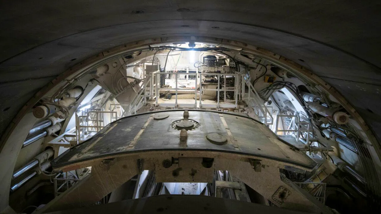Tunnel construction. Tunnel boring machine back in operation after quarry in the Gotthard