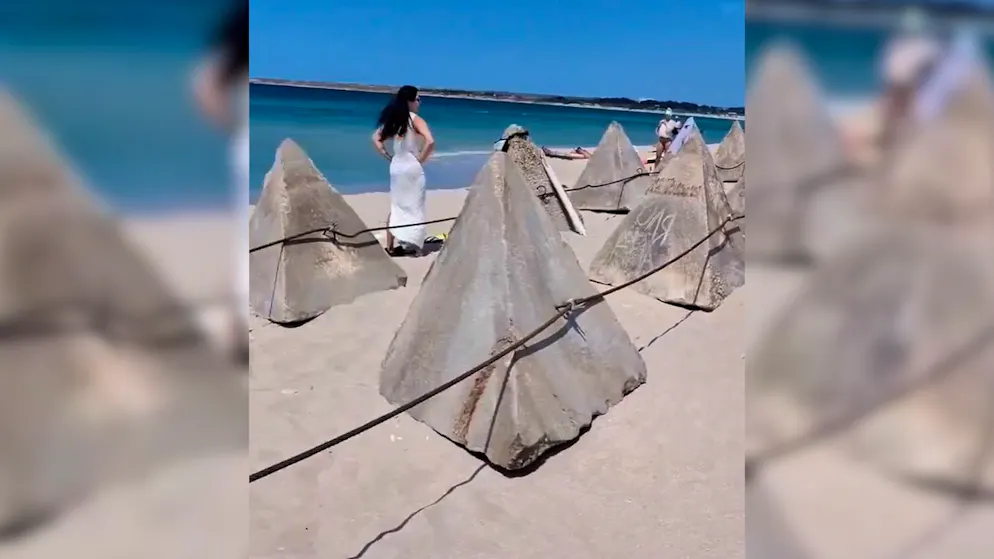 Crimean peninsula. Where there are usually deckchairs, there are concrete barriers on this beach