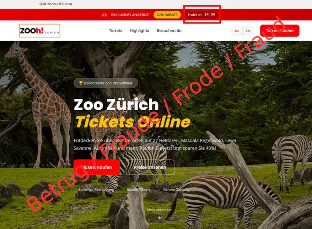 Fake ticket sales page of Zurich Zoo. A 40% discount is offered if you order within 15 minutes.