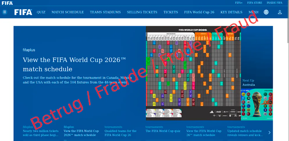 Example of a deceptively genuine-looking fake FIFA website. Tickets for the 2026 FIFA World Cup can supposedly also be purchased on the website.