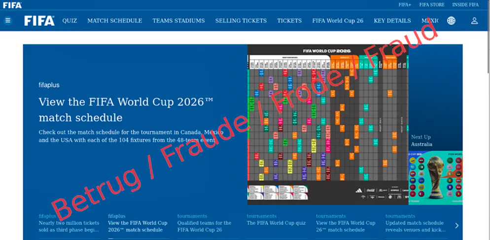Beispiel einer täuschend echt aussehenden gefälschten FIFA-Webseite. Auf der Webseite können angeblich auch Tickets für die Fussball-WM-2026 gekauft werden.