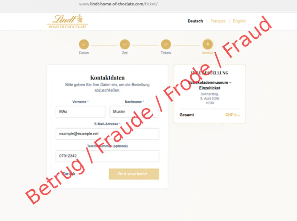 Die Gefälschte Seite des Lindt-Schokoladenmuseums verspricht verfügbare Tickets.