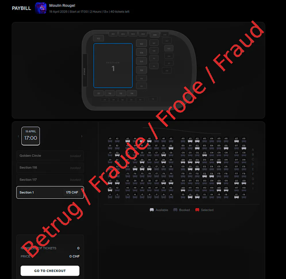 Fake website of the Basel Theater for an alleged performance of "Moulin Rouge".