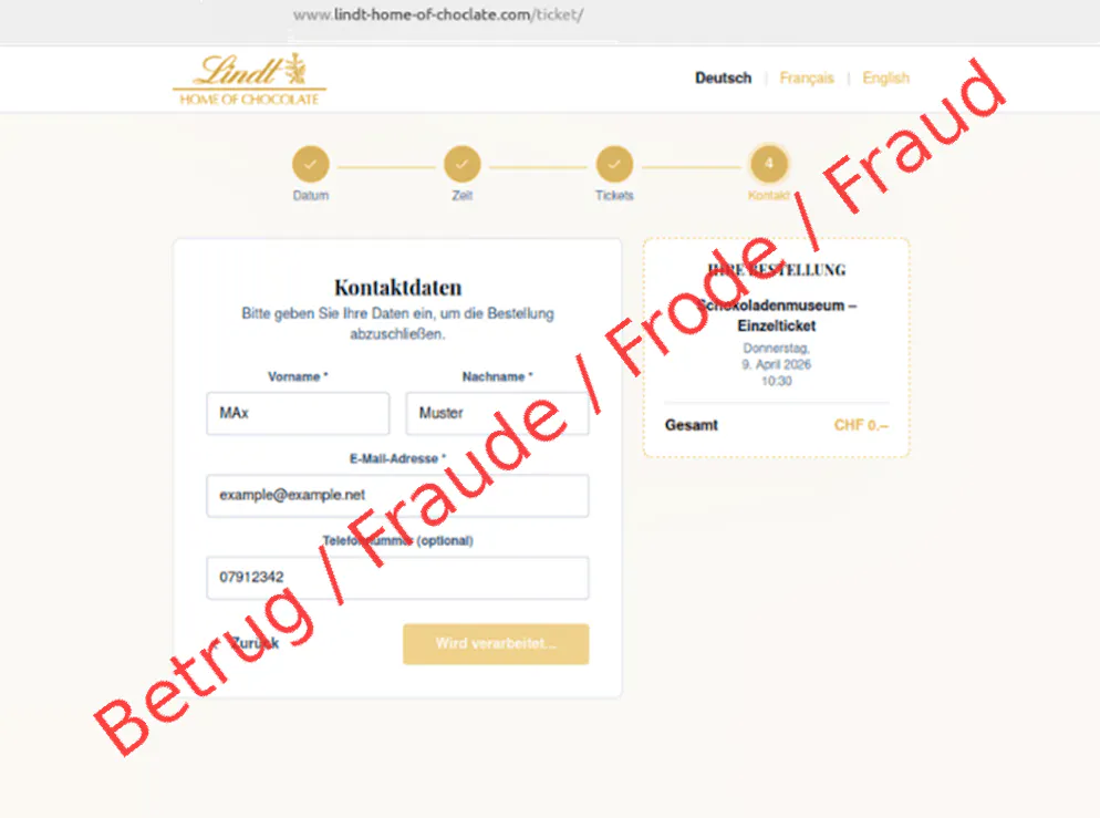 The fake page of the Lindt Chocolate Museum promises available tickets.