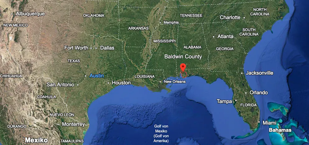 Markiert: Baldwin County am Golf von Mexiko im US-Bundesstaat Alabama.