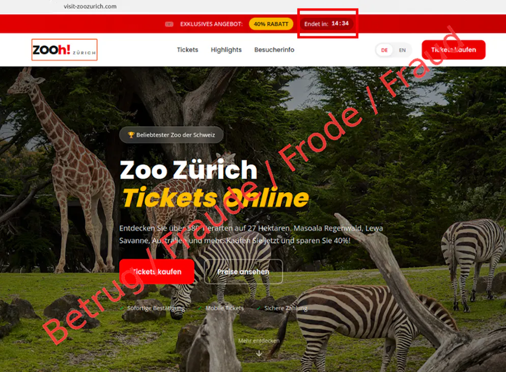 Gefälschte Ticketverkaufsseite des Zoo Zürich. 40% Rabatt werden in Aussicht gestellt, wenn man innerhalb von 15 Minuten bestellt.