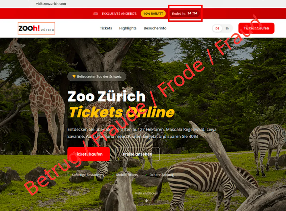 Falsa pagina di vendita dei biglietti dello zoo di Zurigo. Viene offerto uno sconto del 40% se si ordina entro 15 minuti.