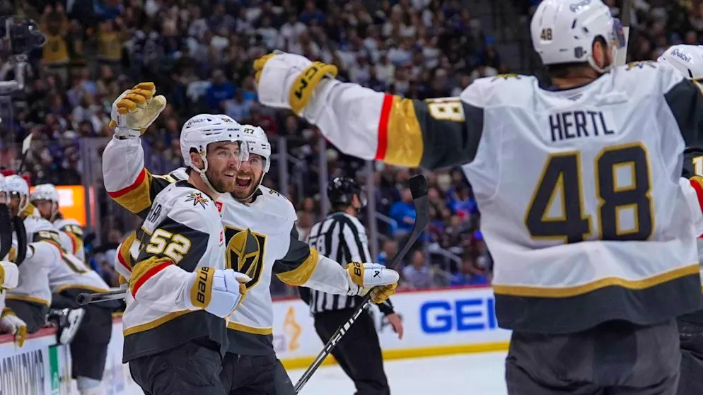 Vegas Golden Knights players celebrate the successful start to the semi-final series
