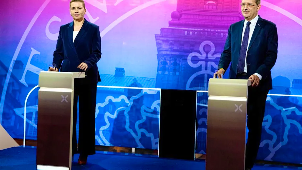 ARCHIVE - The candidates for Prime Minister in Denmark, Mette Frederiksen and Troels Lund Poulsen, take part in a televised debate. Photo: Mads Claus Rasmussen/Ritzau Scanpix/dpa/Archive image
