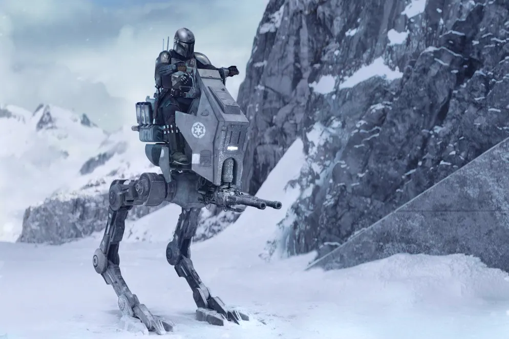 THE MANDALORIAN AND GROGU. Altbekannte Vehikel aus dem Star-Wars-Universum sorgen für einen nostalgischen Effekt.
