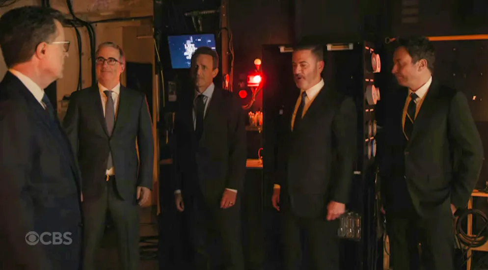 I programmi di seconda serata stanno chiaramente esaurendo i vecchi uomini di casa. Da sinistra: Colbert, John Oliver, Seth Meyers, Jimmy Kimmel e Jimmy Fallon.