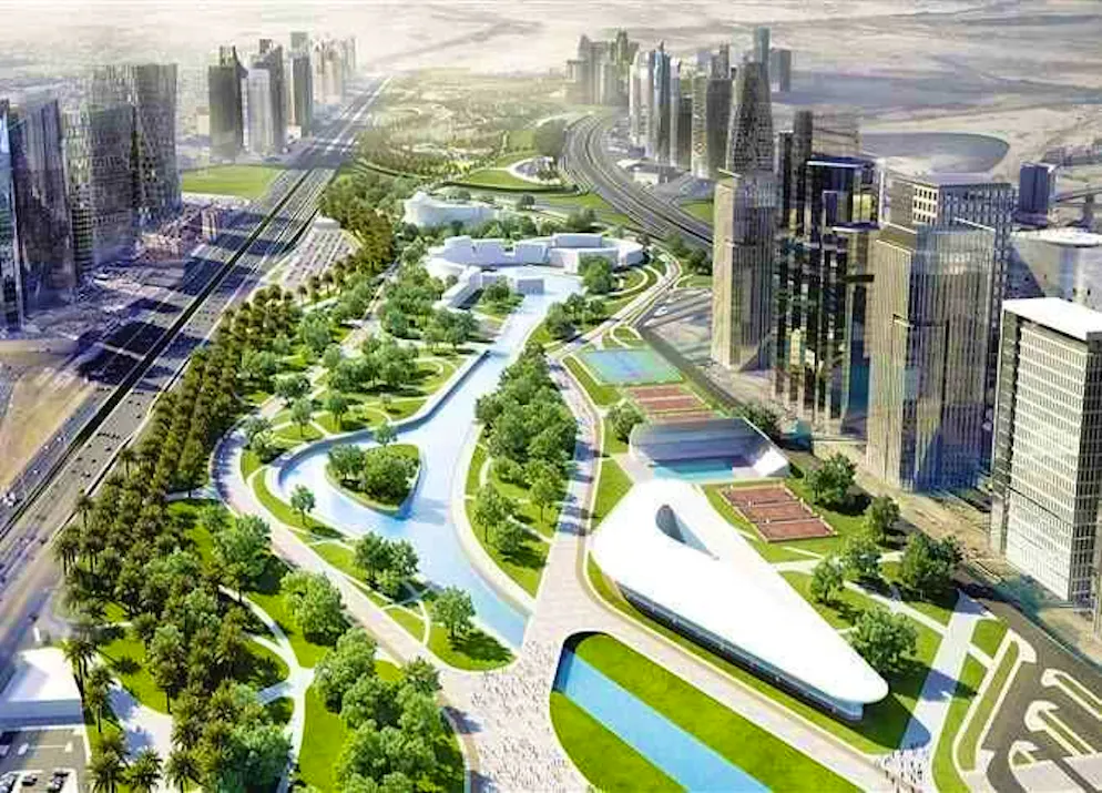 This is how it should look one day: The "Green River" runs through the new capital as a green lifeline. In fact, little of it is visible so far: many sections are still under construction and the lush green mainly exists in renderings. The water is to be supplied artificially - an ambitious but also controversial project in the middle of the desert.