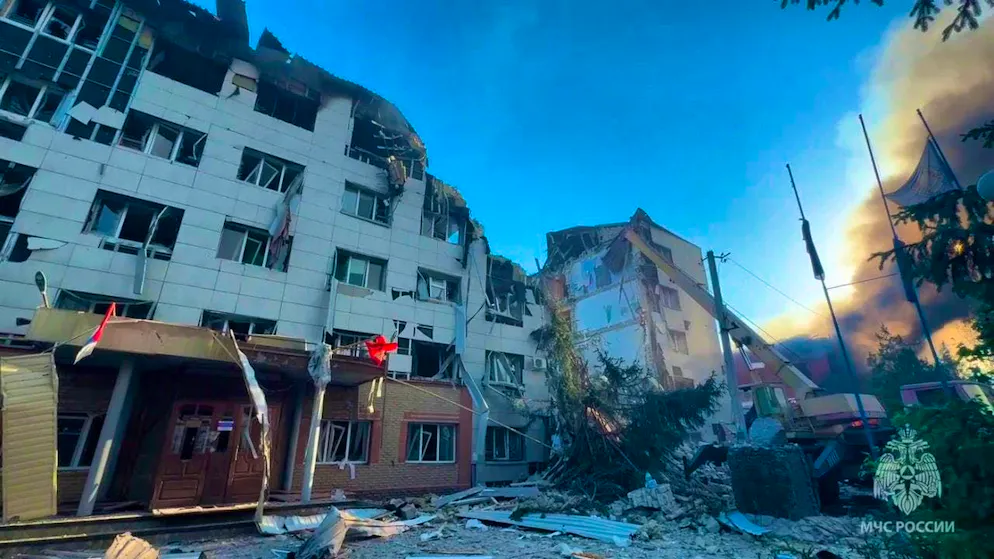HANDOUT - This image taken from a video released by the Russian Emergency Ministry's Telegram channel on Friday, May 22, 2026, shows a dormitory building damaged by Ukrainian drones in Starobilsk, Ukraine. Photo: Uncredited/Russian Emergency Ministry Press Service/AP/dpa