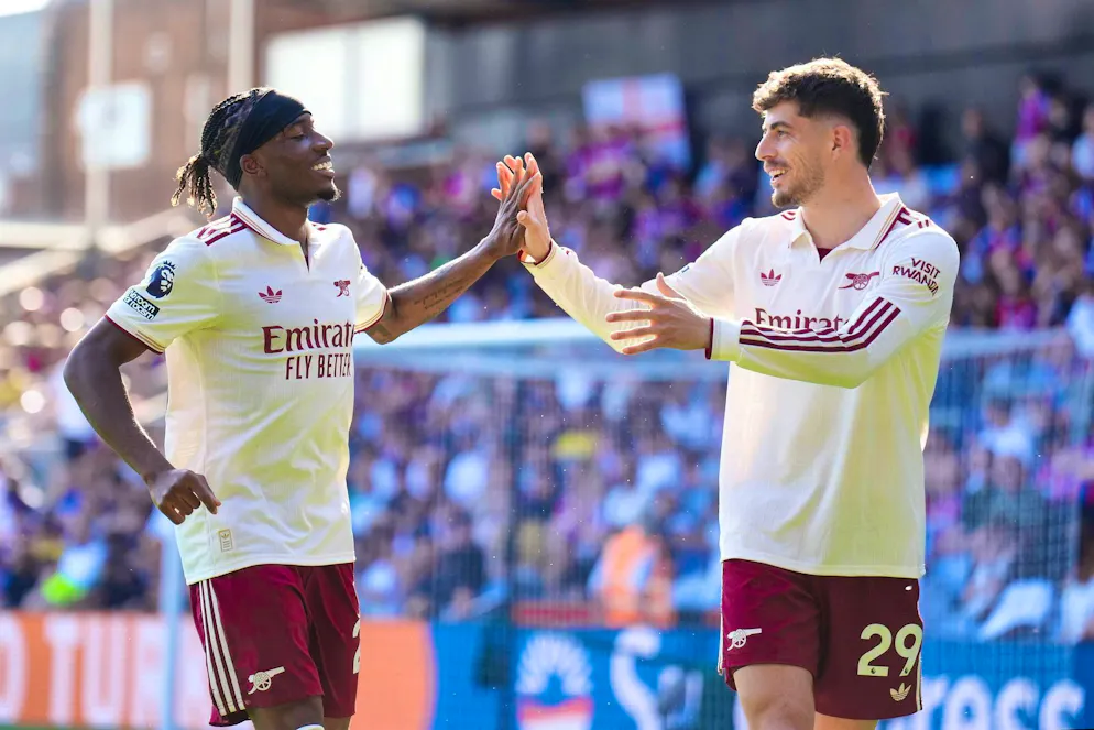 Premier League: Tottenham save themselves, West Ham relegated - Gallery. Noni Madueke (l) of champions Arsenal celebrates with his team-mate Kai Havertz after scoring to make it 2-0.