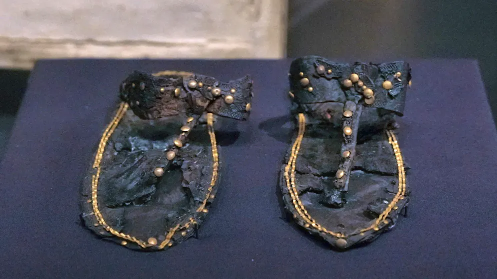 One of over 80 pairs of sandals from Tutankhamun's burial chamber in the Valley of the Kings - on public display for the first time at the Grand Egyptian Museum.