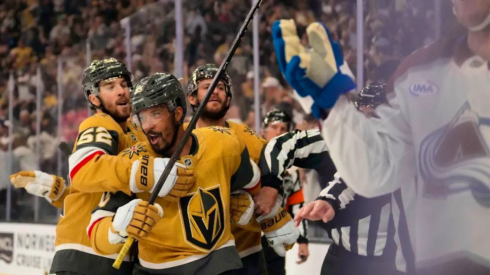 Golden Knights celebrate third win in third game.