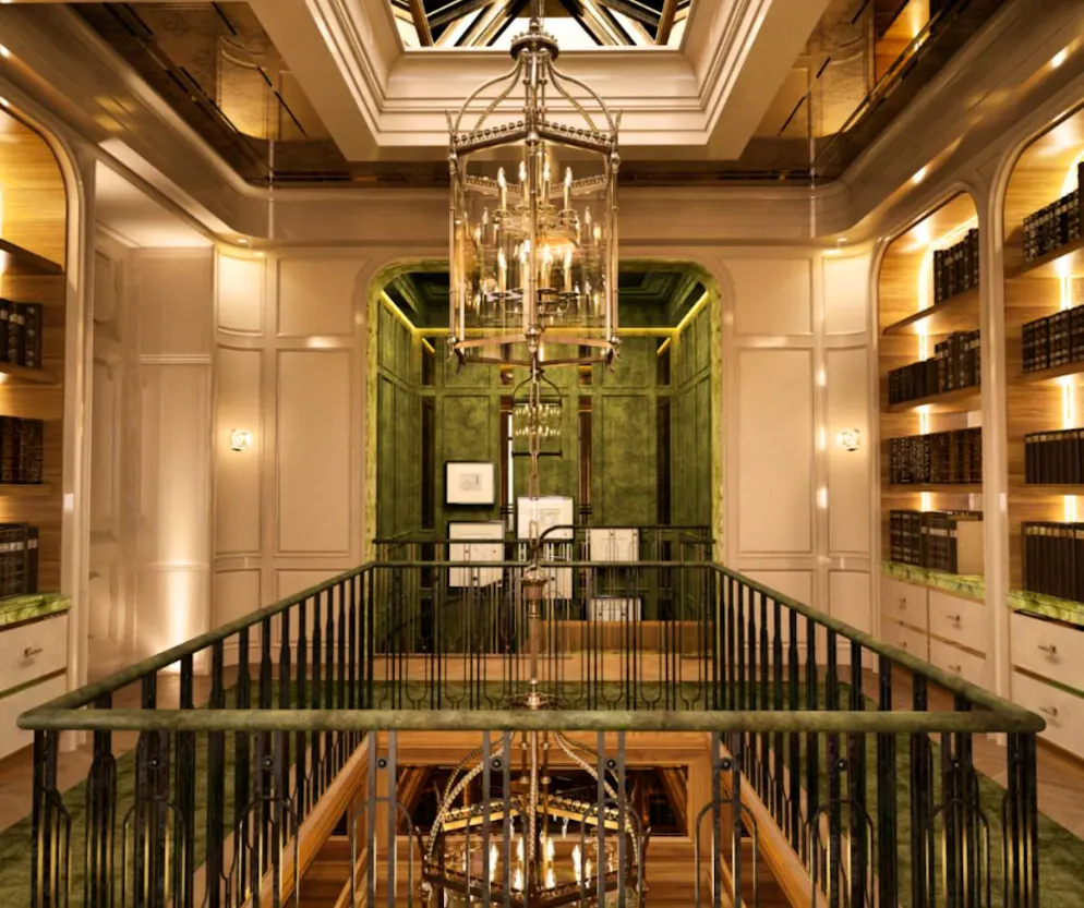 Mark Zuckerberg mega-mansion. A gallery on the second floor of a library.
