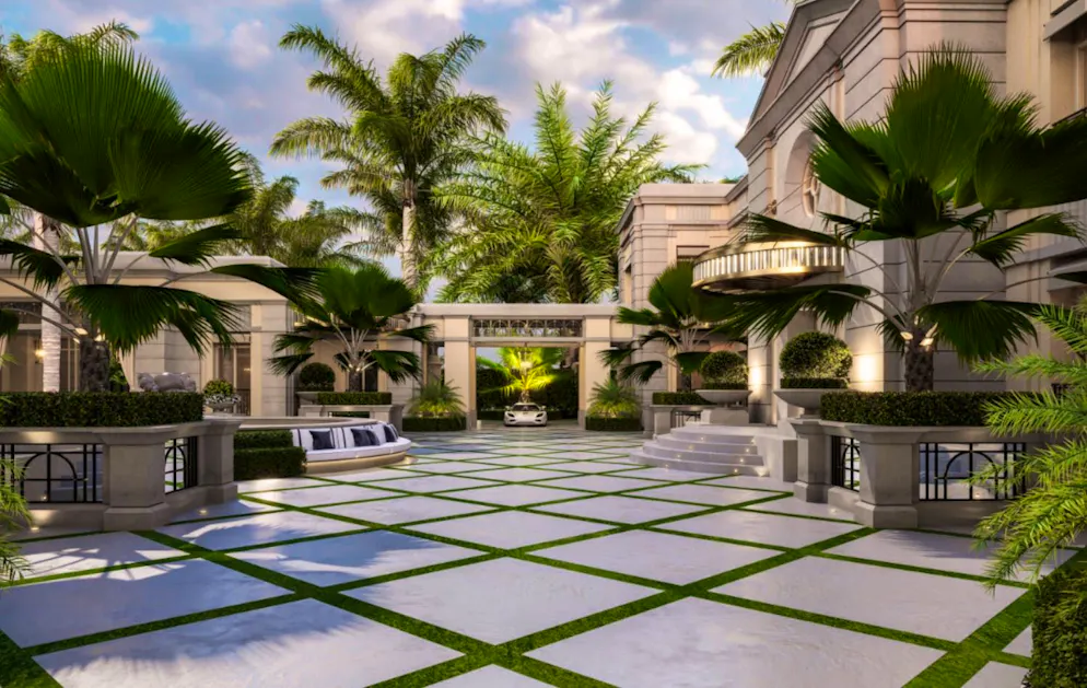 Mark Zuckerberg mega-mansion. The driveway in front of the house entrance.