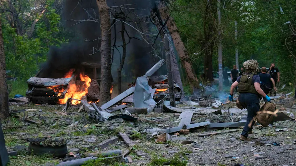 Burning vehicles after a Russian attack on Kramatorsk on Monday.