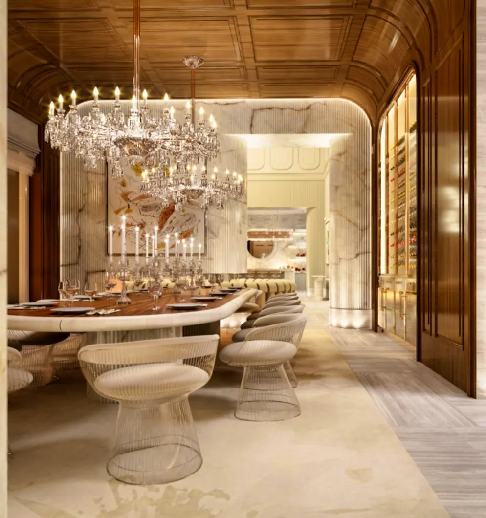 Mark Zuckerberg mega-mansion. The dining room has an illuminated wine cabinet.