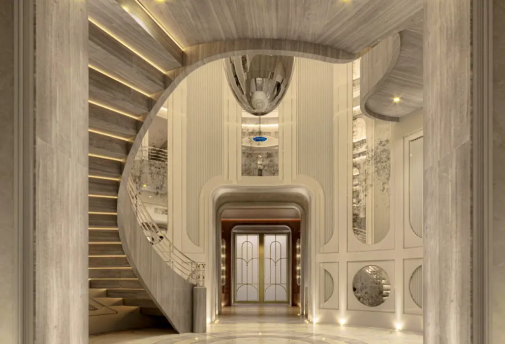 Mark Zuckerberg mega-mansion. The sumptuous design of the foyer is reminiscent of both Versailles and the Art Deco movement.