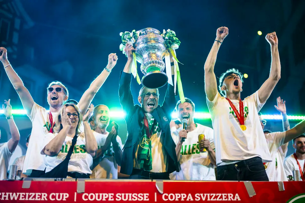 FCSG president Matthias Hüppi celebrates the historic cup victory in Bern on Sunday.