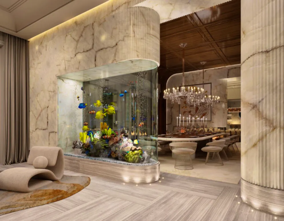 Mark Zuckerberg mega-mansion. The aquarium separates the living room from the dining room.
