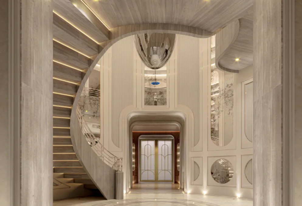 Mark Zuckerberg Mega-Villa. Das prunkvolle Design des Foyers erinnert sowohl an Versailles als auch an die Art-Déco-Bewegung.