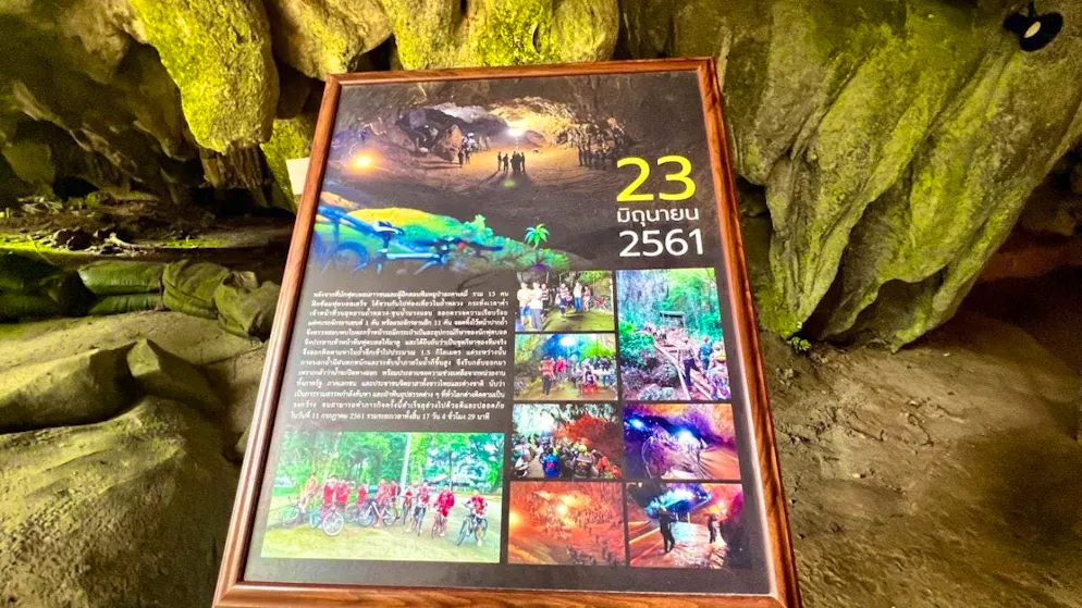 The Tham Luang Cave still attracts many tourists today. Panels explain the elaborate rescue operation of a youth football team in 2018.