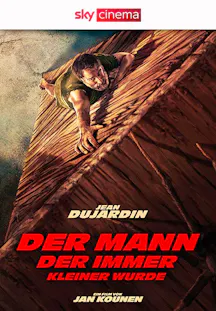 Filmplakat zu Der Mann, der immer kleiner wurde mit einem Mann, der an einer hohen Holzwand hängt.