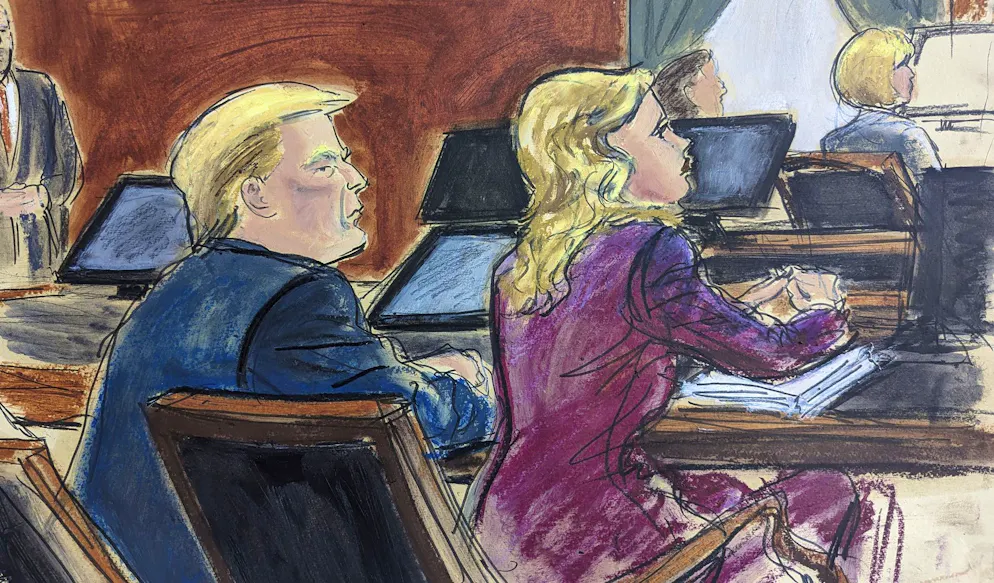 Una vignetta che ritrae Donald Trump insieme al suo avvocato durante il processo in cui era stato accusato da Jean E. Carroll. 