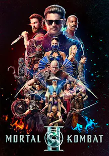 Filmplakat zu Mortal Kombat II mit zahlreichen Actionfiguren vor dunklem Hintergrund mit Feuer und blauem Licht.