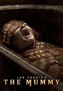 Filmplakat zu Lee Cronin's The Mummy mit schreiender Mumienfigur in dunkler Sarkophag Szene.