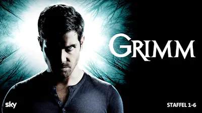 Key Art zu Grimm Staffel 1 bis 6 mit ernst blickendem Mann vor düsterem Waldmotiv.