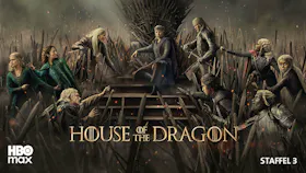 Key Art zu House of the Dragon Staffel 3 mit mehreren Figuren vor dem Eisernen Thron in düsterer Fantasy Atmosphäre.