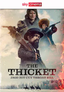 Filmplakat zu The Thicket: Jagd auf Cut Throat Bill mit bewaffneten Figuren in einer verschneiten Westernlandschaft.