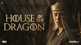 Key Art zu House of the Dragon Staffel 3 mit gekrönter Frau vor dem Eisernen Thron in düsterer Fantasy Atmosphäre.