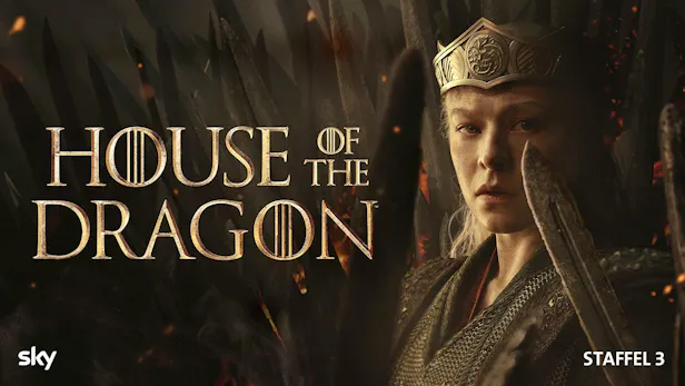 Key Art zu House of the Dragon Staffel 3 mit gekrönter Frau vor dem Eisernen Thron in düsterer Fantasy Atmosphäre.